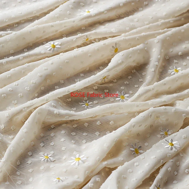 

Daisy Embroidered Dot Jacquard ChiffonTulle Fabric for Blouse, Spring Dress, Vacation Party dress, Dance Dress