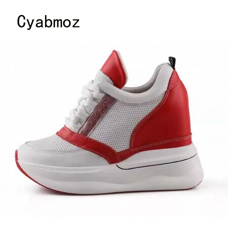 Cyabmoz height increasing sneakers women high heels 11cm platform ladies casual shoes genuine leather wedges pumps Mixed colors