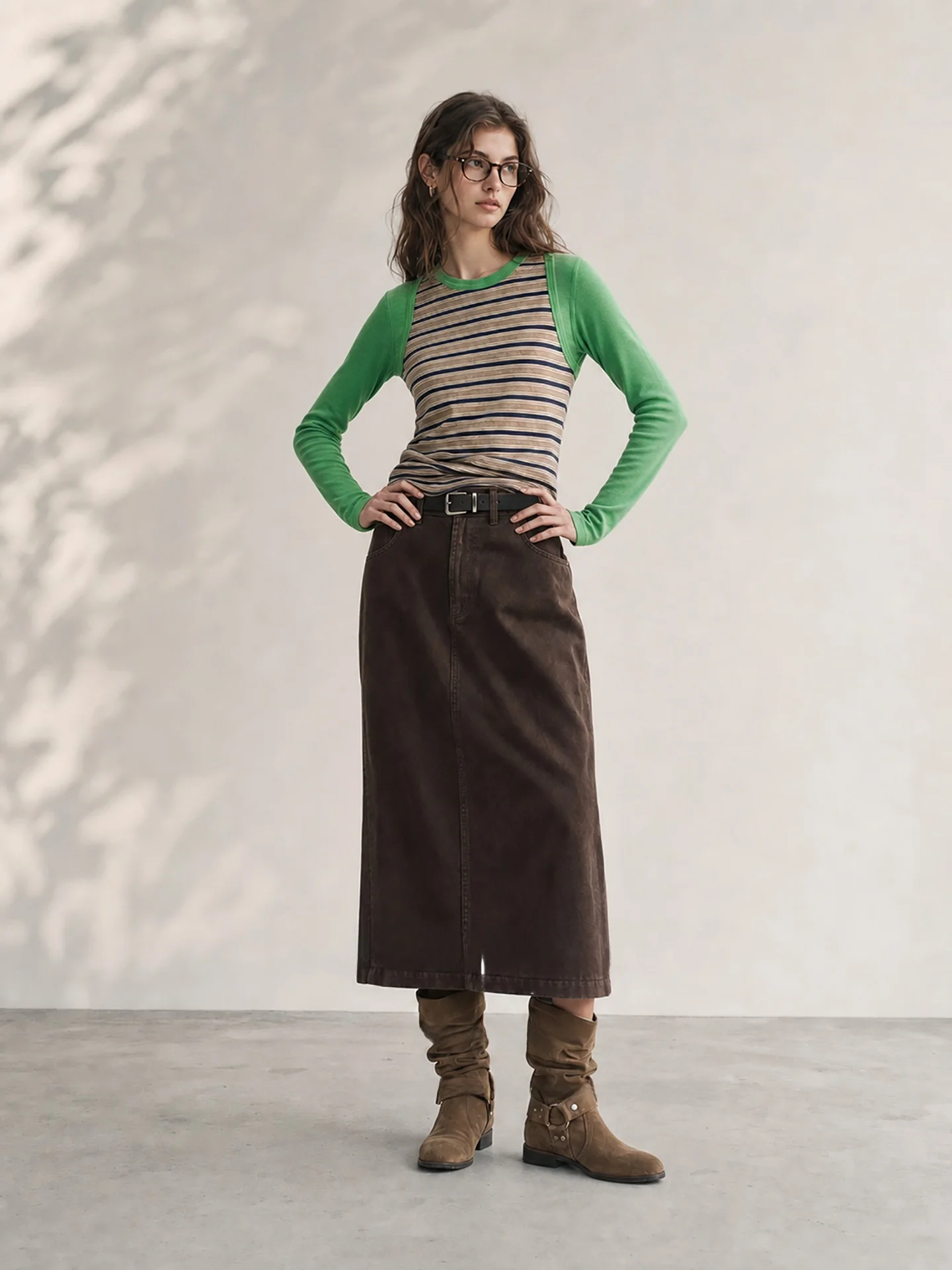 HUAAPPUW  Green Striped Color Block Long Sleeve T-Shirt Casual Style Women's Fashion Light Weight Office Wear Autumn New...