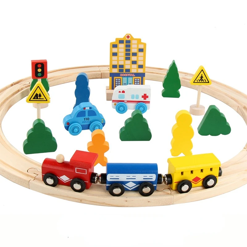 Wooden Train Track Highway Roundabout Set Wooden Railway Electric Magnetic Train Toy Wood Tracks Toys Kids Boys Birthday Gifts