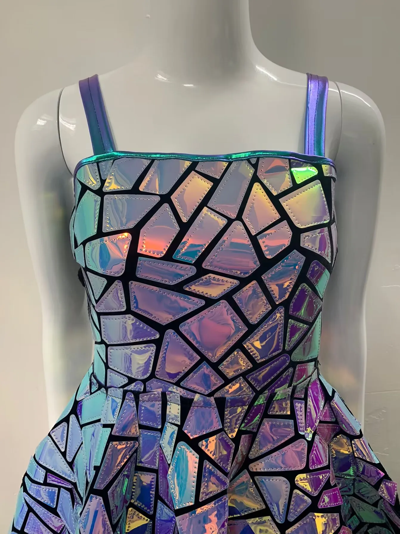 

Purple And Blue Mirror Shiny Suspender Skirt Imitation Festival Irregular Sequins Costume Dj Gogo Dancer Holographic Robot Singe