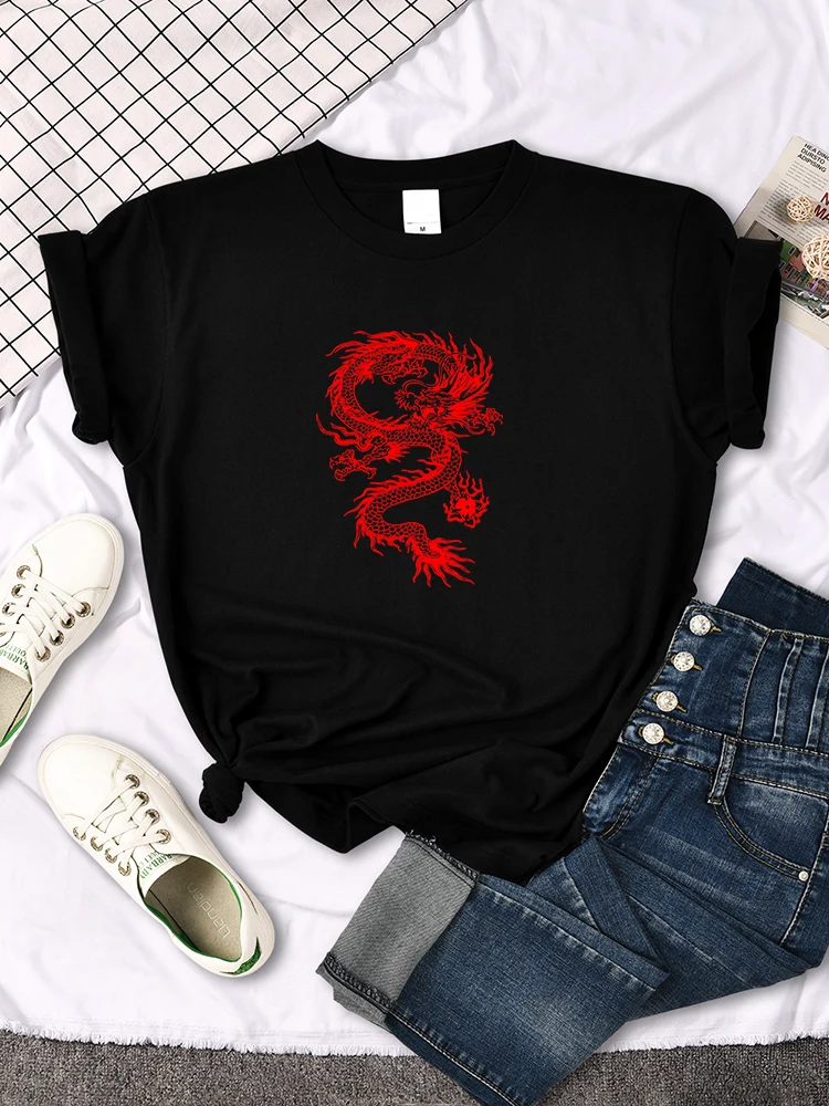 Females Short Sleeve Red Dragon Cartoon Animal Print Top Women Summer Oversize Slim Round Neck T Shirt Woman Cozy Breathable Tee