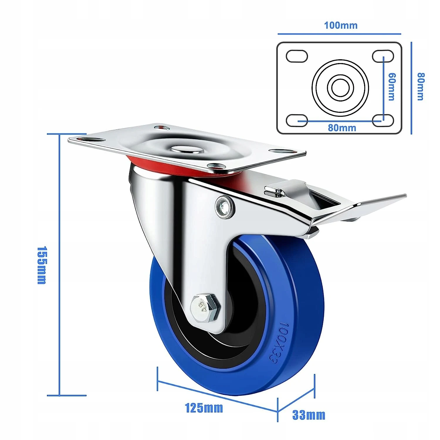 4ks 125mm nábytek casters těžký celní poplatek  černá otočný castor kol vozík guma brzda vozík nábytek slévač