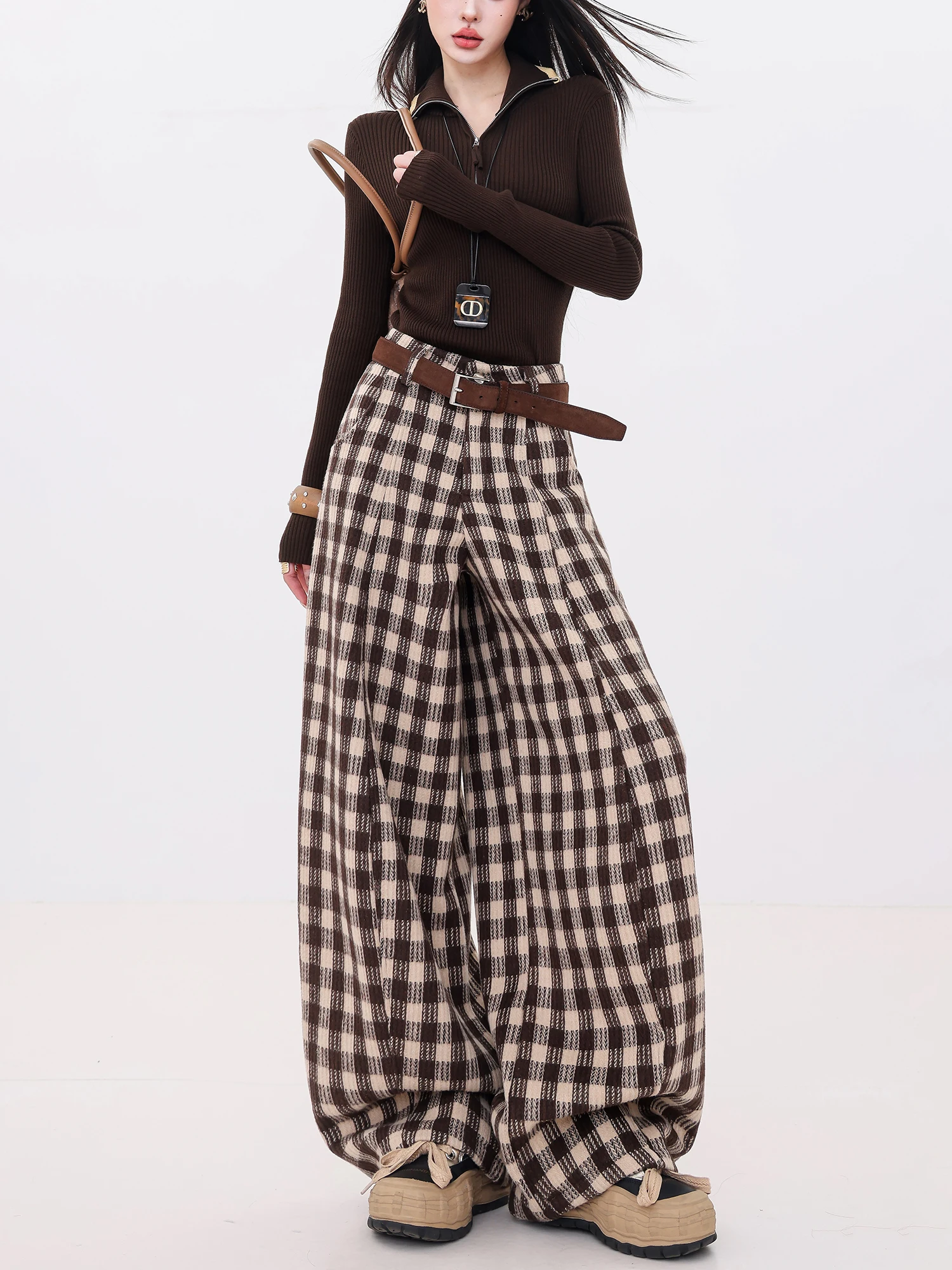 

Женские широкие брюки ABWLR Cisas Light Spot Thiened Fce с высокой талией, повседневные, свободного кроя, в клетку, осенне-зимние