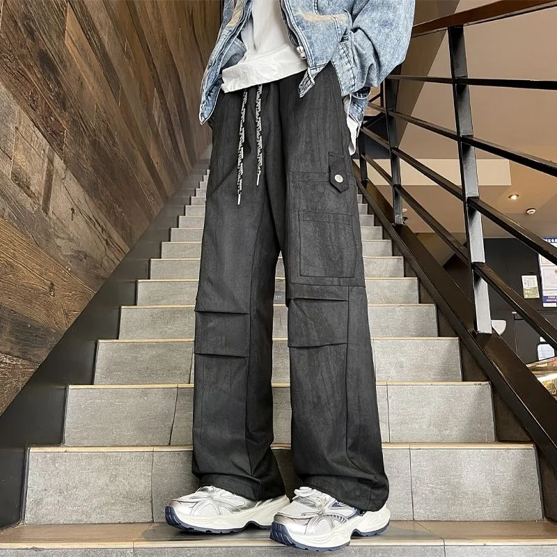 Men Multi Pocket Cargo Pants Loose Wide Leg Drawstring Floor Length Casual Trousers