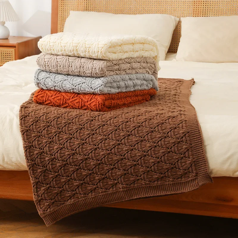Boho Geometric Openwork Throw Blanket Solid Color Sofa Cover Luxurious Chunky Knit Travel Blanket And Bedspread Bed End Cover