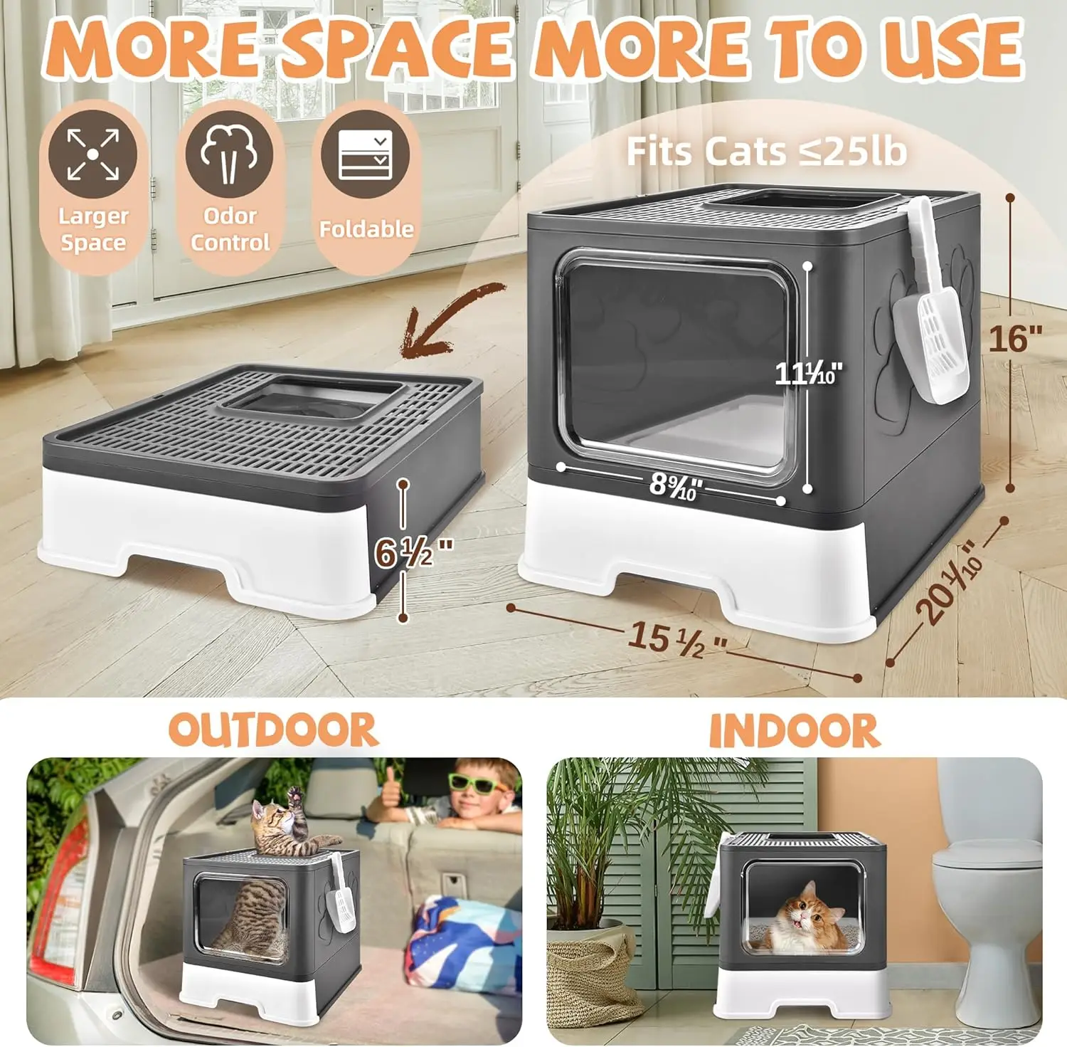 Cat Box with Litter Mat and Scoop, Large Foldable Litter Box with Lids, Free in& Out Covered Kitty Box