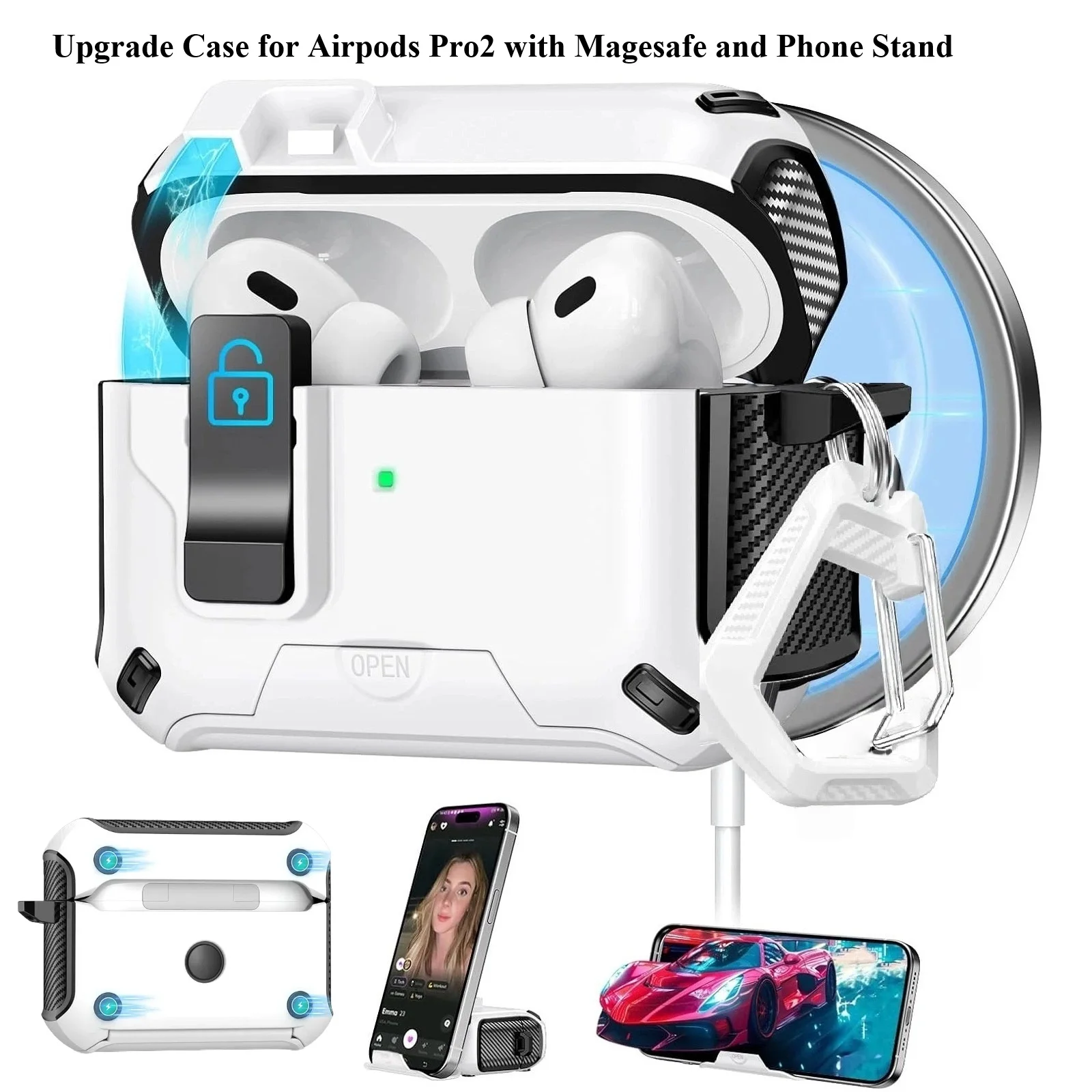 for AirPods Pro3 2 Case with Phone Stand & Sefety Lock, Auto-Open AirPod 4 Case for Apple AirPods Pro Gen with MagSafe