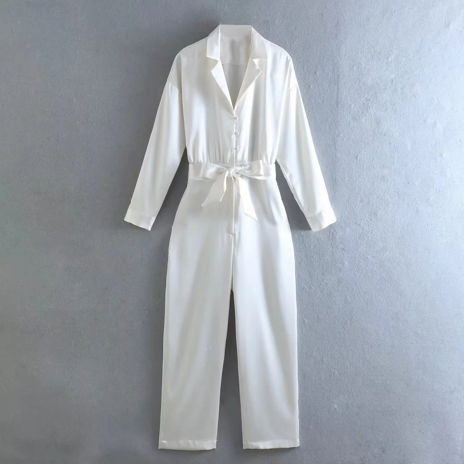 Korean Women V Neck Belt Jumpsuits Casual Female Long Sleeves White Silk Clothes One Piece Overalls Chic Elegant Woman Jumpsuit