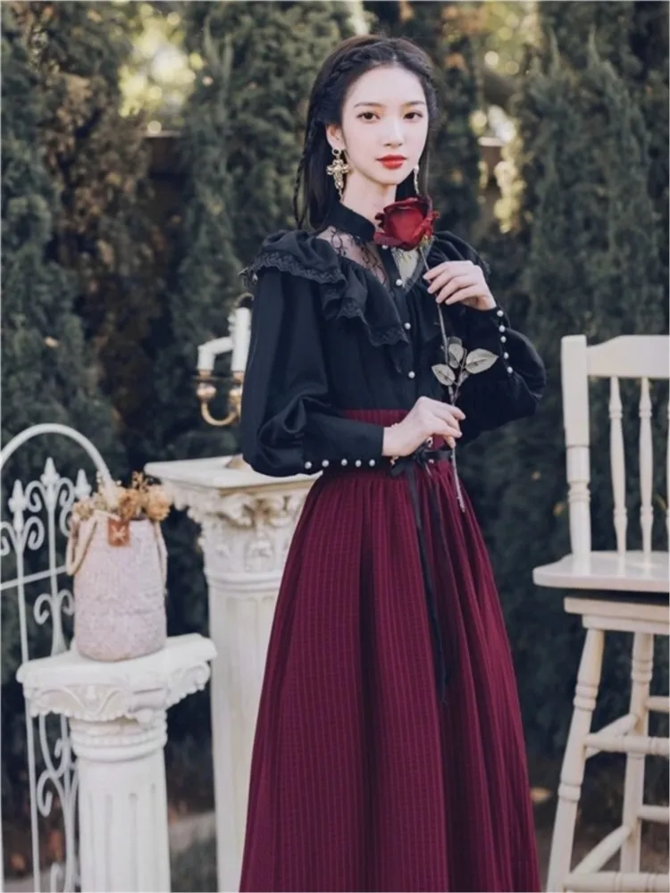 Vintage Gothic Two-Piece Skirt Sets Women Black Lace Ruffle Blouse Lace-up Midi Skirt Autumn New Court Retro Suits Y2k Outfits