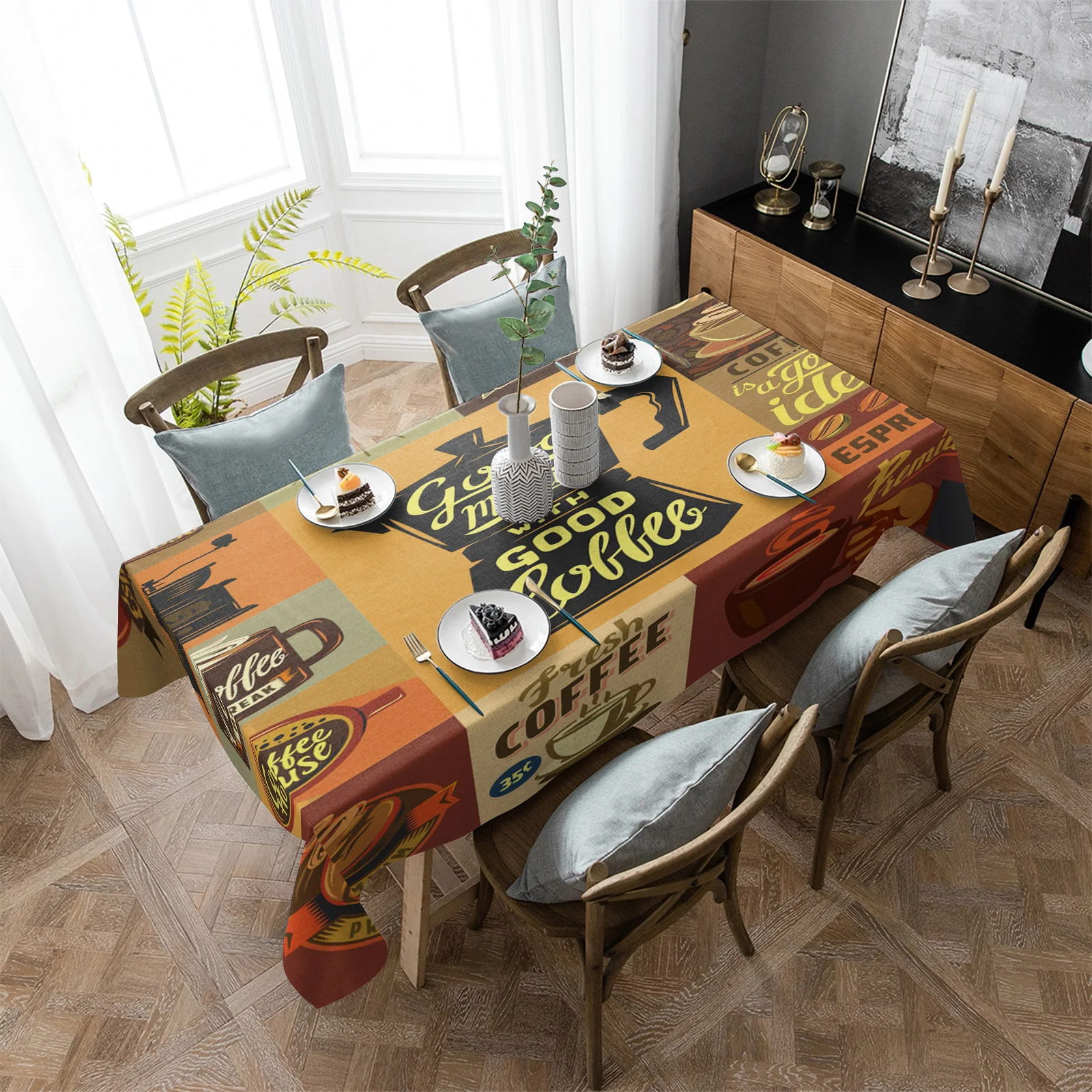 

Coffee Poster Decals Black Waterproof Tablecloth Party Decorations Supplies Rectangle Table Cloth for Kitchen Table Decor