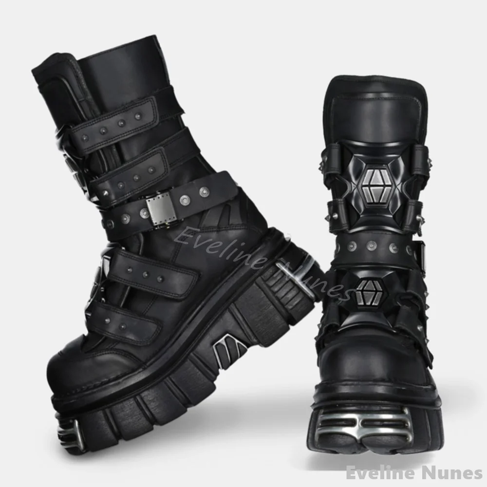 

Metal Rock Thick-soled Mid-calf Boots for Women Punk Motorcycle Boots Gothic Rivet Lace-up Height-enhancing Thick-soled Boots