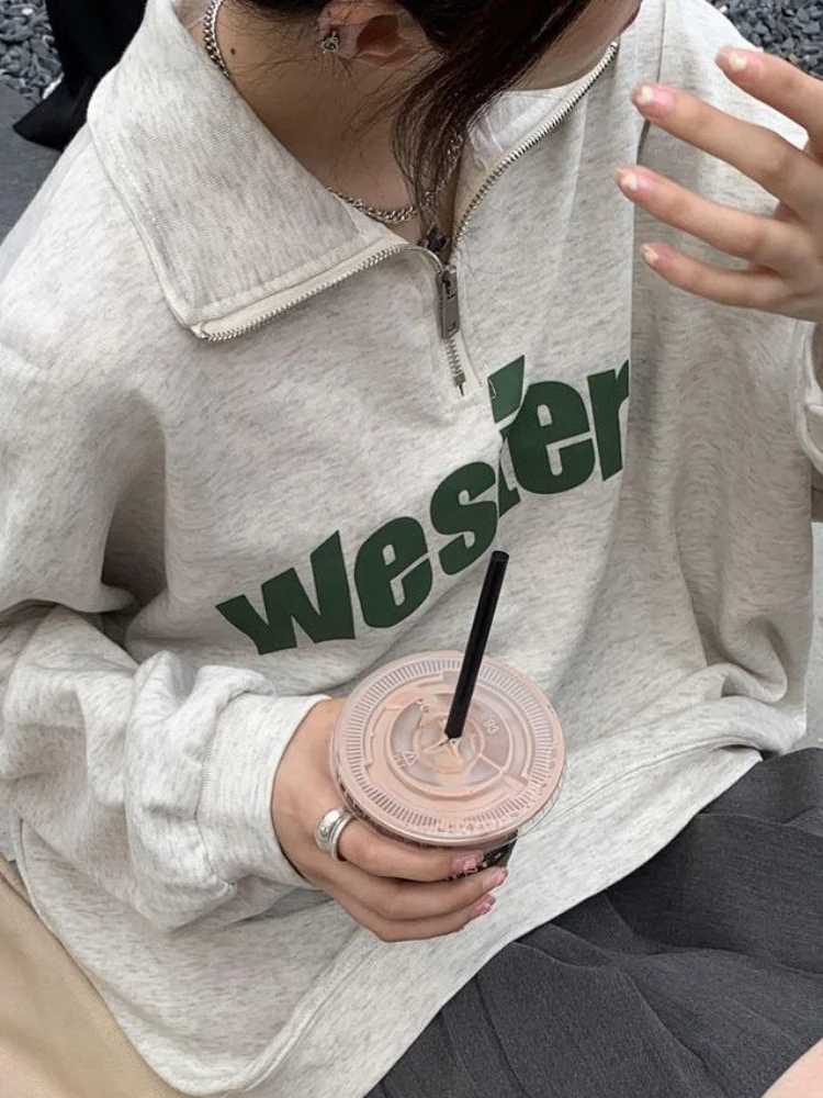 Sweatshirts for Women Letter Zipper Loose Casual All-match Daily Students Sudaderas Harajuku Korean Preppy Style Fashion Chic