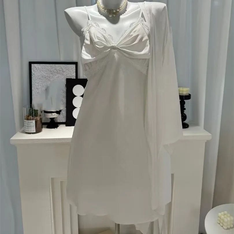 女性のシルク着物バスローブ,セクシーなドレス,弓のアップリケ付きネグリジェ,花嫁のナイトウェア,結婚式,夏,ホームドレス