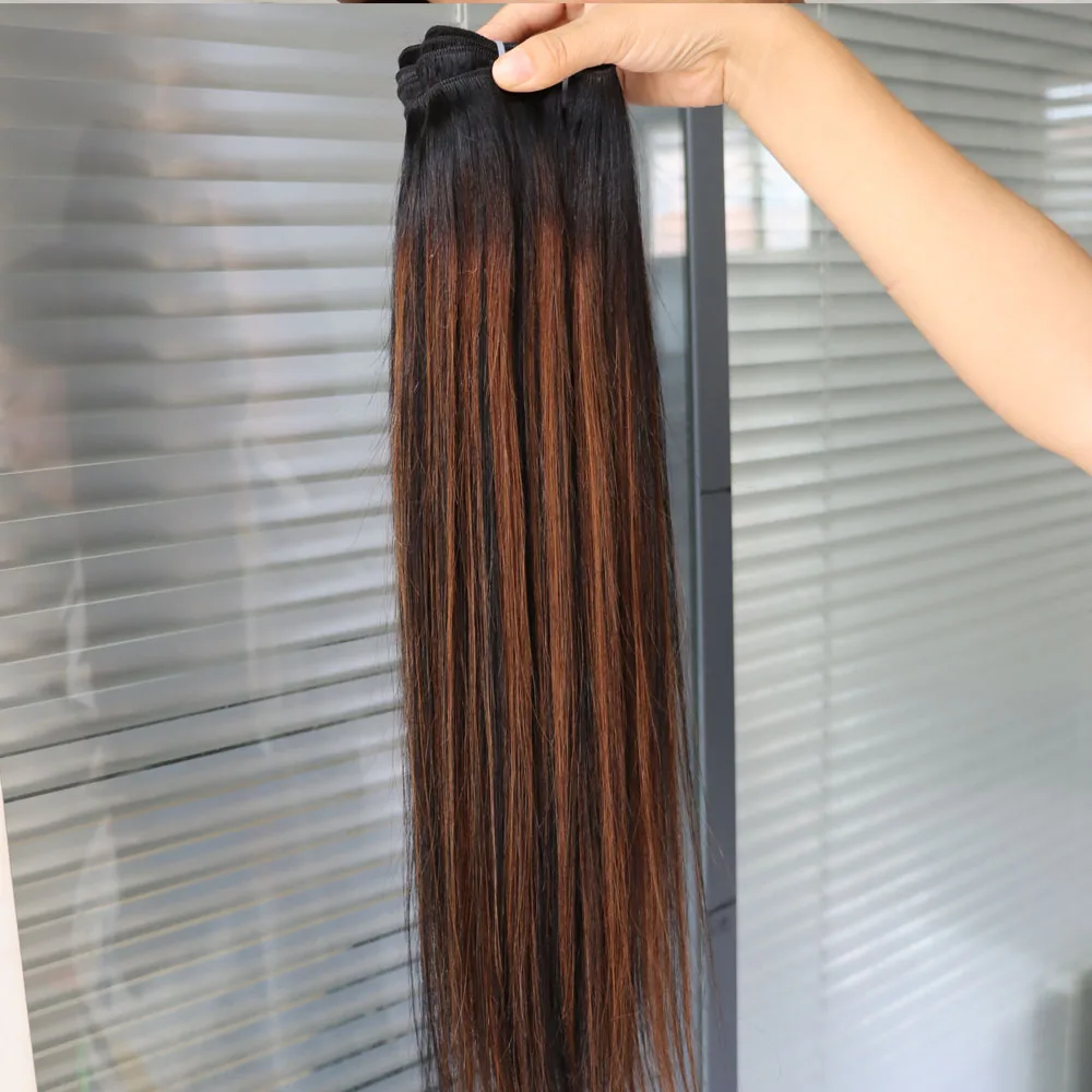 تسليط الضوء على عذراء ريمي الشعر البشري حزمة لحمة مزدوجة مستقيم موجة 1B/30 بني فاتح البيانو اللون الهندي نسج على شكل شعر إنسان أسود