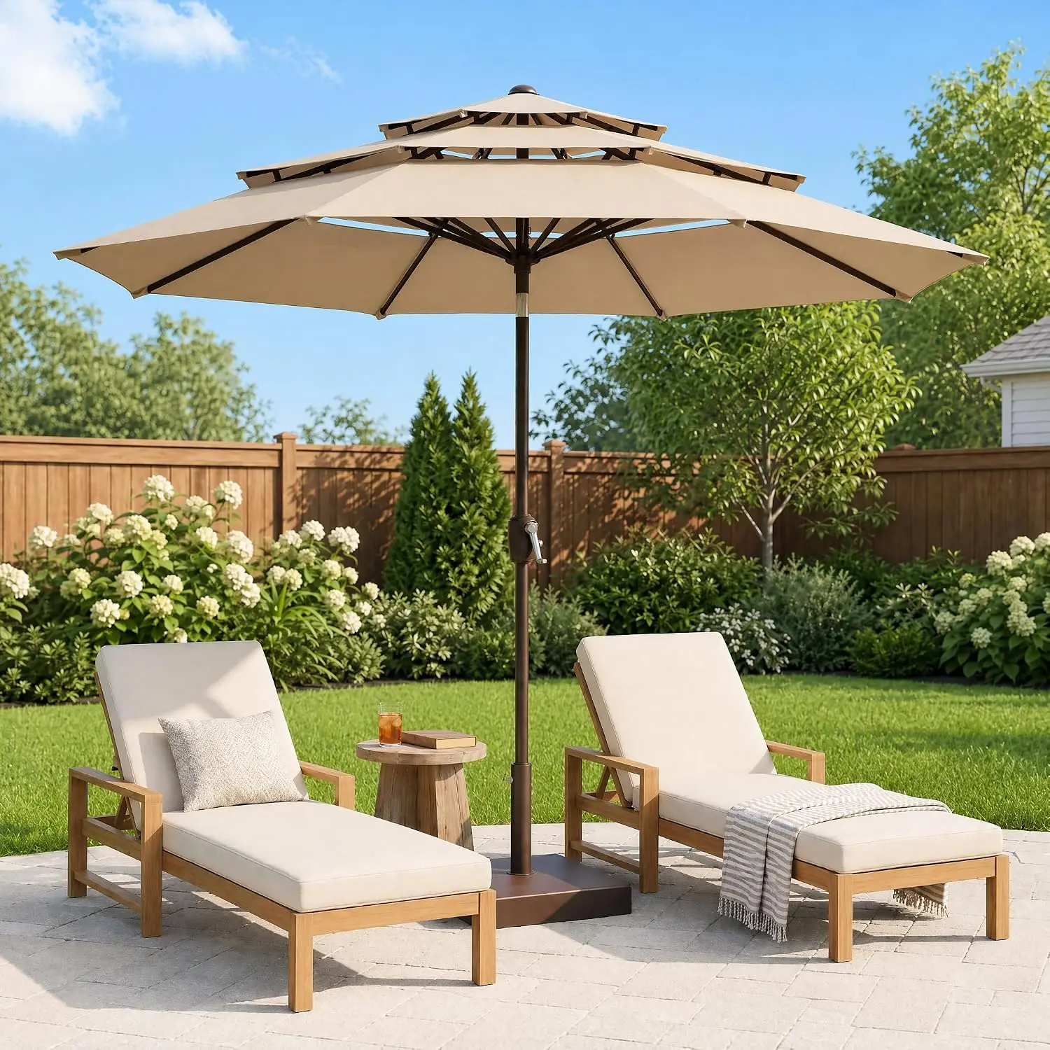 10 FT 3-Tier Patio Umbrella with 8 Fiberglass Ribs, One-Touch 30° Tilt, Triple-Ventilated Top & 180g PA-Coated Polyester Fabric (No Base)