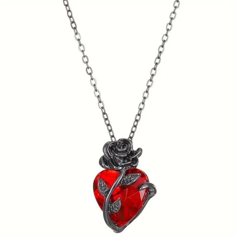 Luxus Roten Kristall Herz Anhänger Halskette Für Frauen Vintage Schwarze Rose Blume Dekor Elegante Mode Schmuck Geschenk – Detail 5