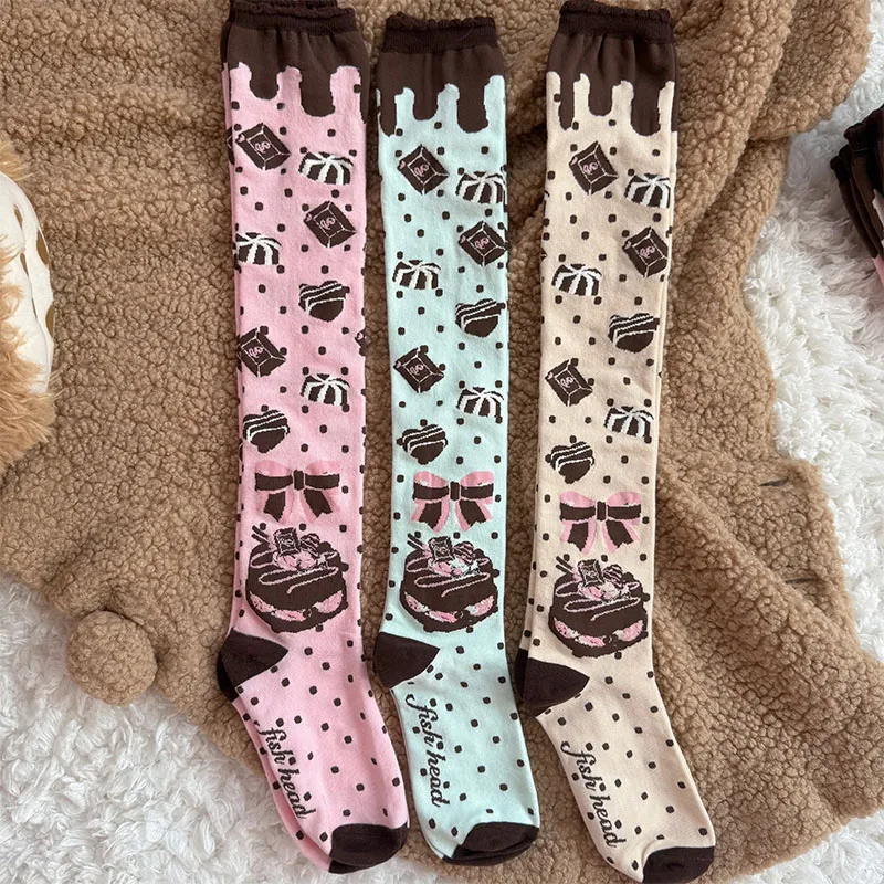 

Оригинальные гольфы выше колена, шоколадное печенье, торт, хлопок, кружевные женские носки в стиле Лолиты