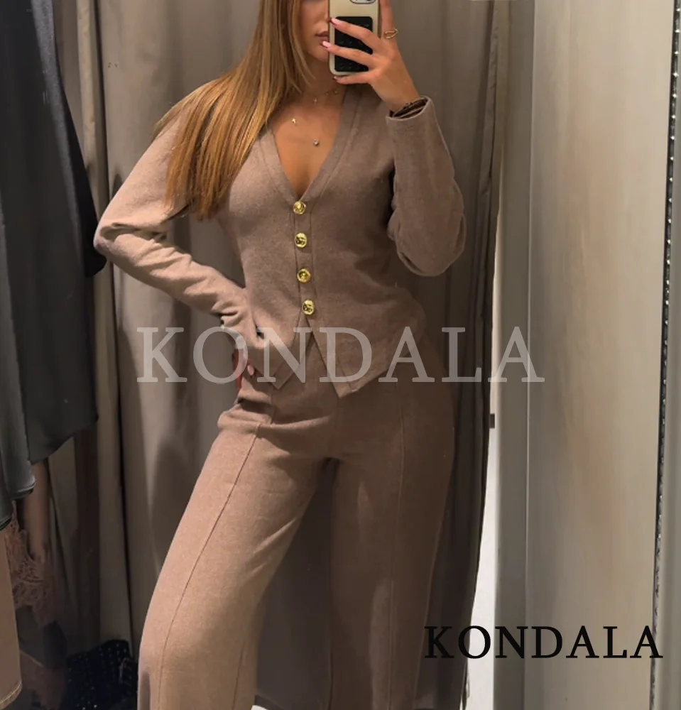 KONDALA خريف أنيق عادية محبوك فستان أطفال مع سروال داخلي المرأة أزرار طويلة الأكمام سترة بنطلون 2 قطعة مجموعة 2025 موضة الإناث مجموعة