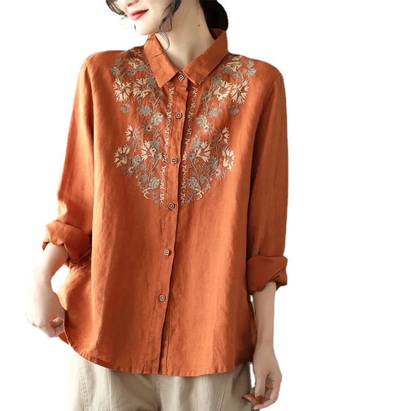 

Vintage ethnic style shirt women's spring new lapel embroidery linen loose full match long sleeve top