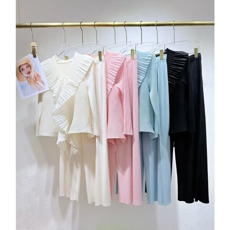Miyake Pleated Pants Set 2026 Summer New Gentle Wind Solid Color Ruffled Cardigan Top Loose Straight Pants Casual Women's Set