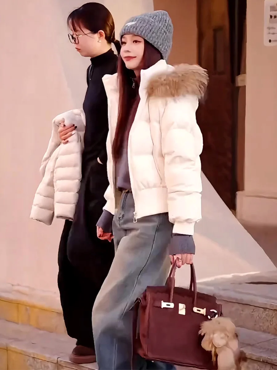 

Women's Thiened ort down Jaet 90 White Du Feather Hooded Coat Warm Versatile Winter Outerwear with Large Fur Collar