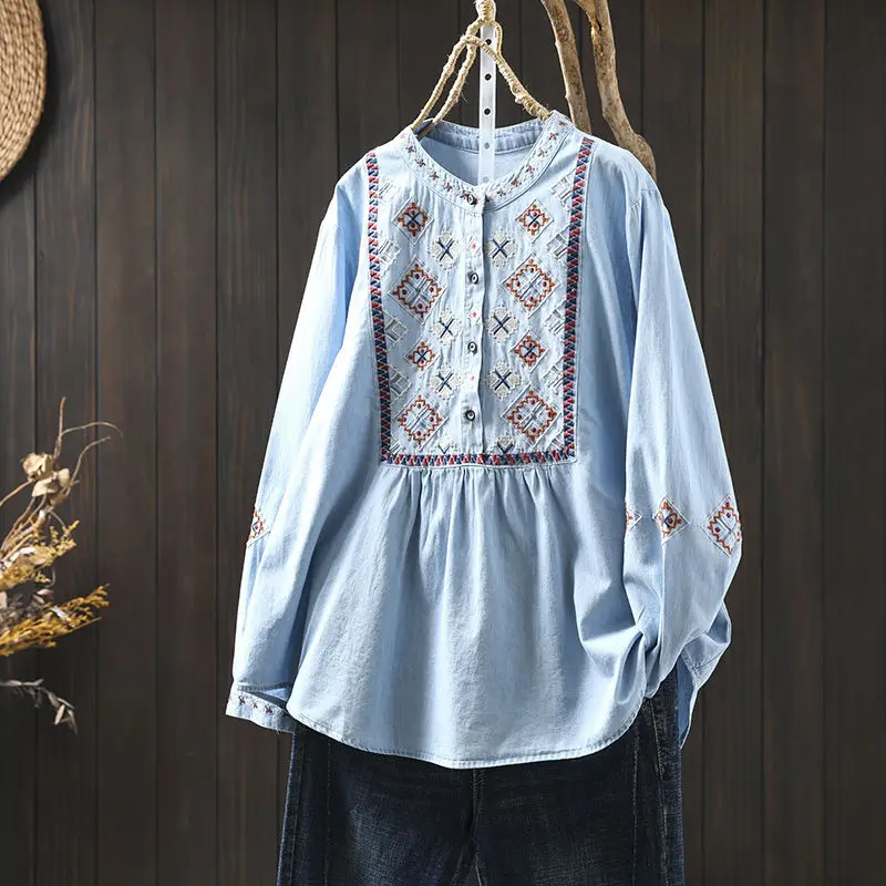 

Embroidered New Chinese Shirt Women's Long-sleeved Loose Spring Ethnic Style Casual Pullover Top