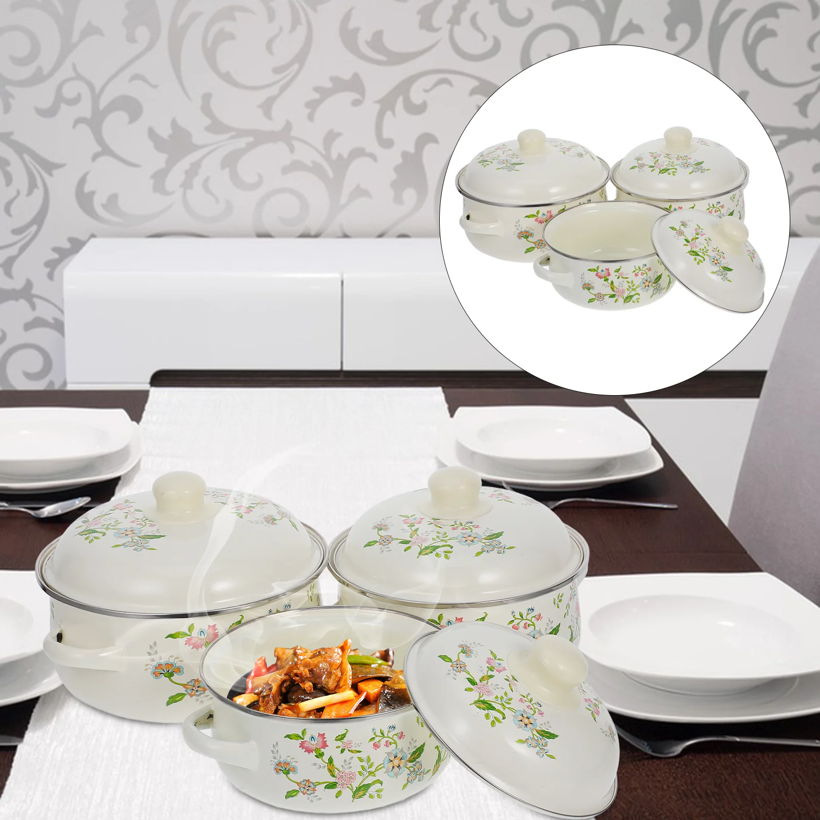 

3 шт. мини-набор суповых кастрюль, фиолетовые эмалированные кастрюли с цветочным принтом, плоское дно для индукционной газовой плиты, рамэн, макароны, кипящая винтажная посуда