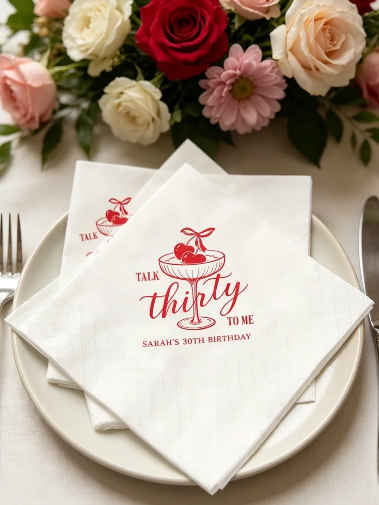 Personalized Talk Thirty To Me Cocktail Napkins Dirty Martini Pink Red 30th Birthday 3-Ply Paper Adult Party Table Decor