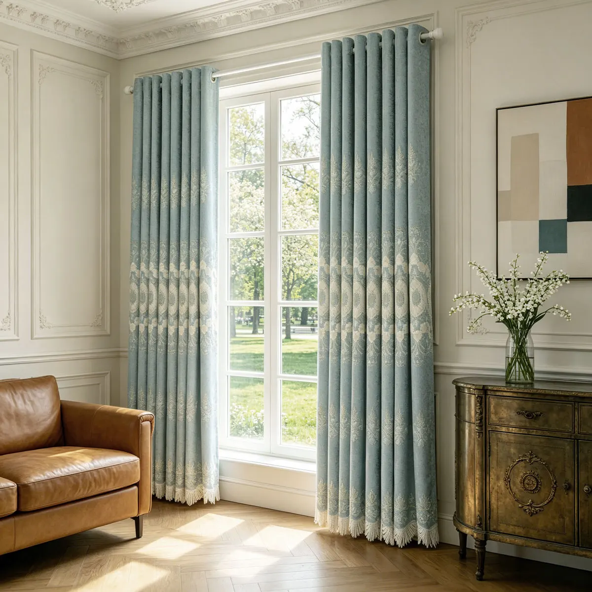 Light Blue Chenille Jacquard Curtains, Vintage Tassel Embroidered Window Drapes, Thermal Insulated Noise Reducing Curtains for L