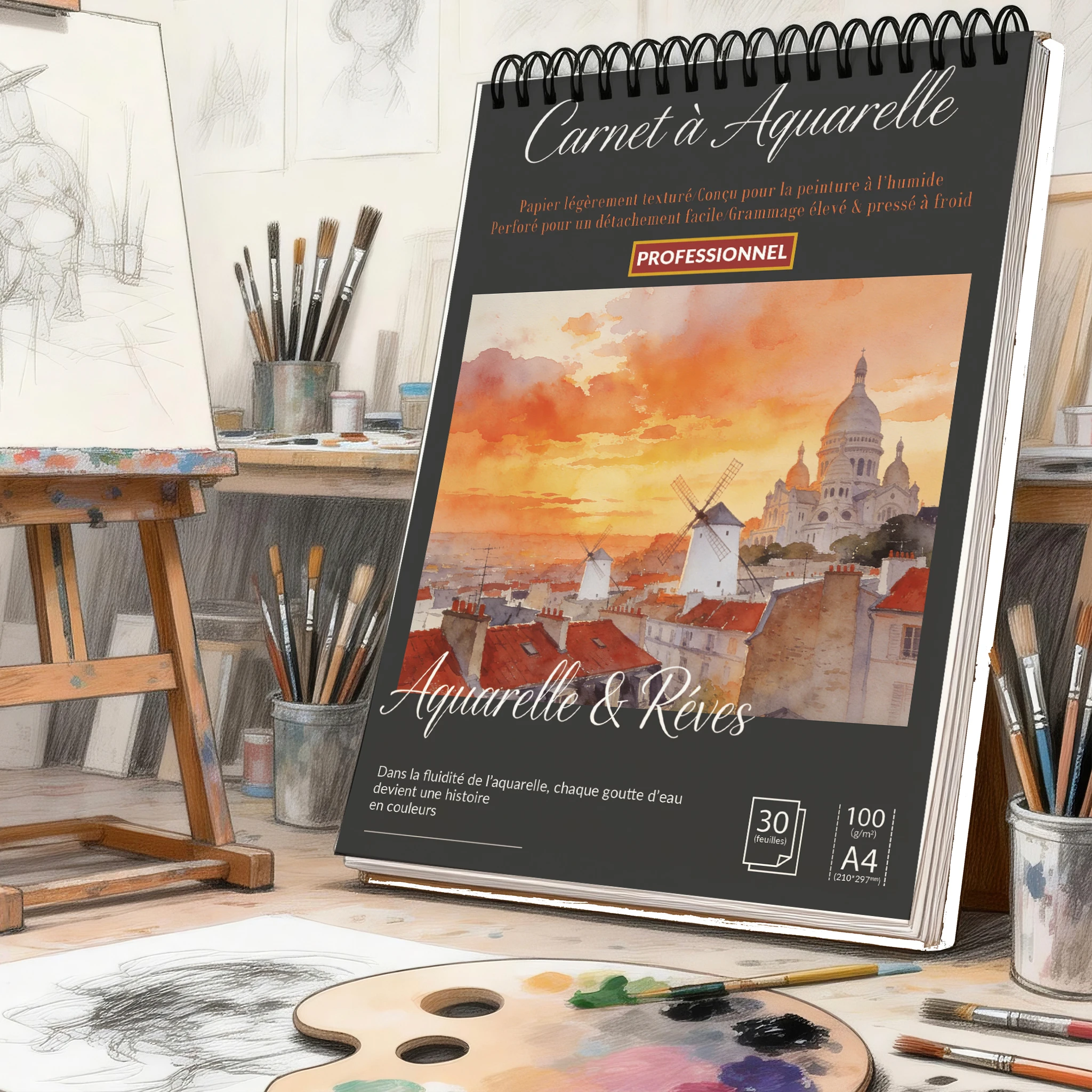 caderno-de-desenho-espiral-a4-com-capa-dura-preta-e-estampa-paisagem-urbana-de-paris-bloco-de-papel-100-gsm-livre-de-Acido-–-ideal-para-artistas-e-estudantes