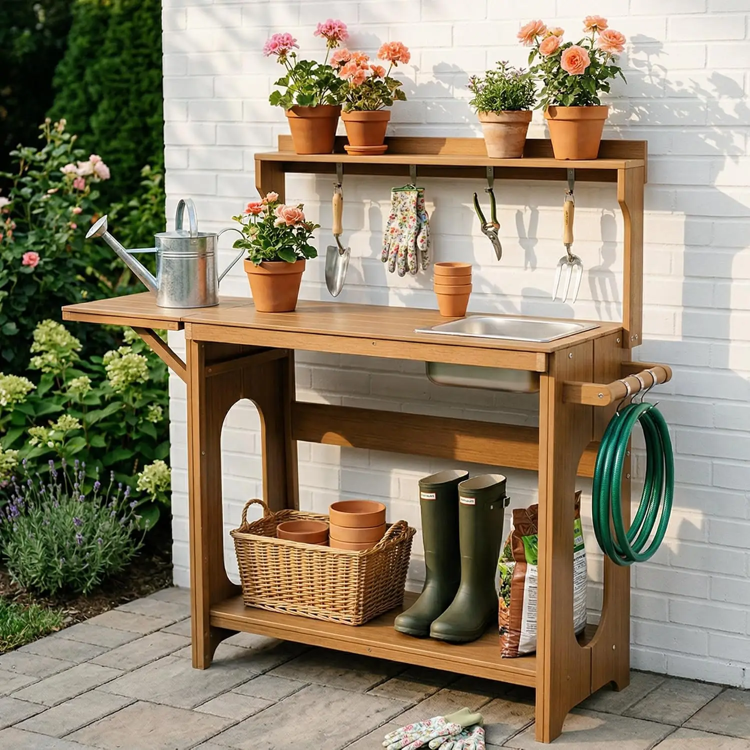 Outdoor Potting Bench Table with Removable Sink, All Weather, Teak, Customized