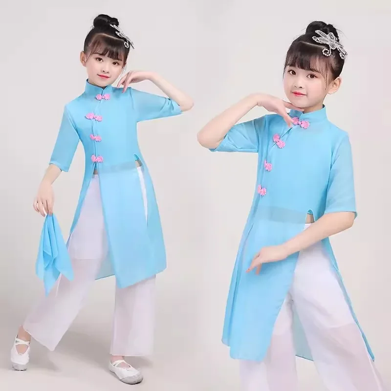 Kinder chinesische nationale Yangko Tanz kleid Kinder Mädchen Fan Kostüm Bühne Kind Regenschirm Tanz Outfit nationale Tanz kleidung