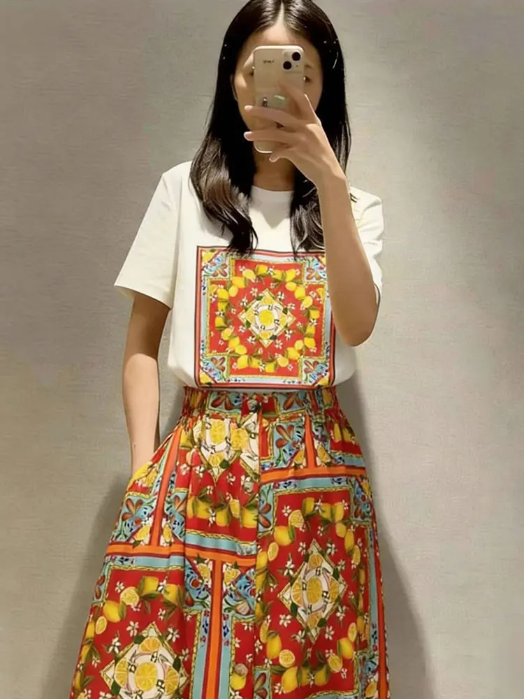 

2026 New T-shirt with T-shirt and short sleeves printed+elastic waist button big swing skirt summer two-piece women's suit