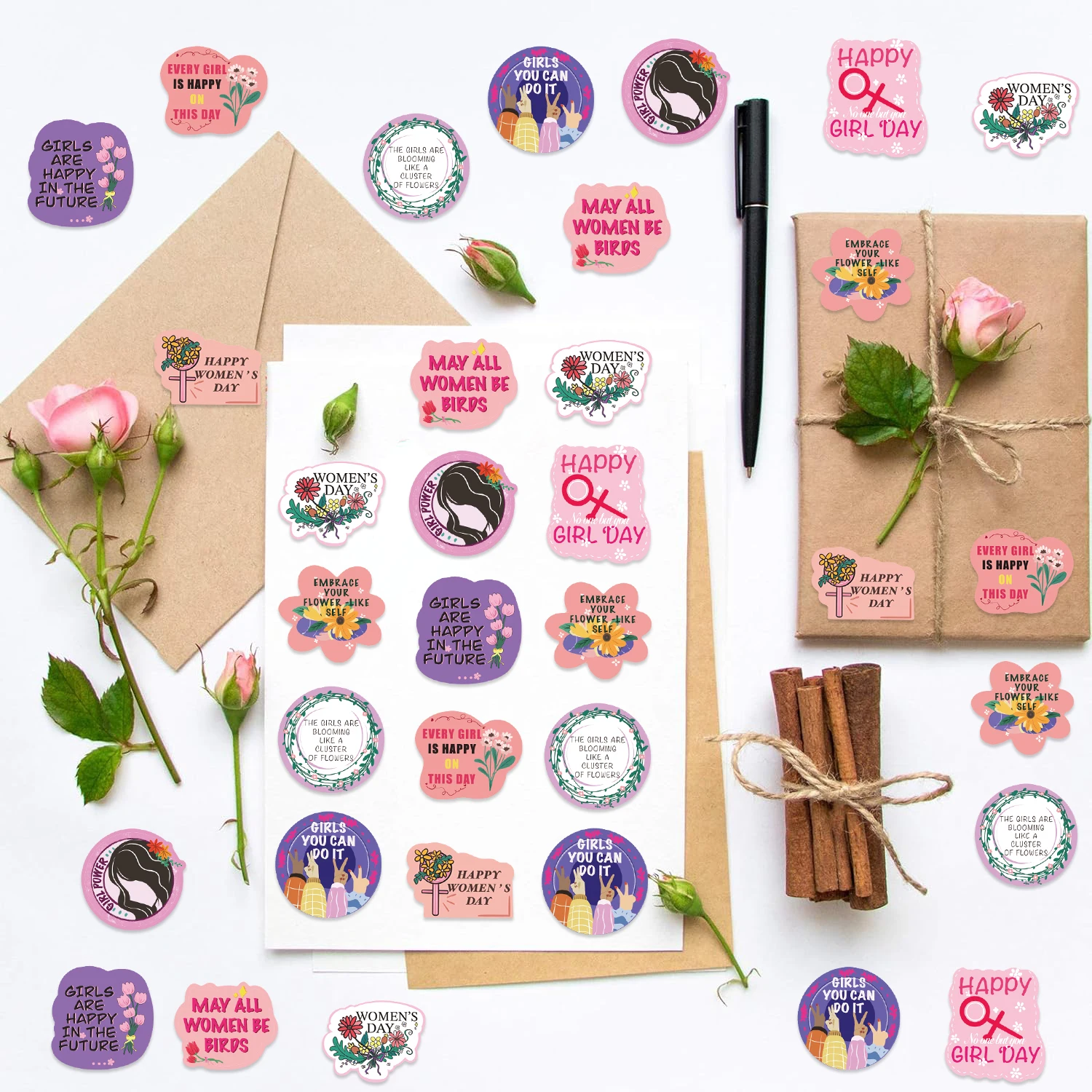 500 Stück Roll-Up-Aufkleber zum Damentag, geeignet für Mobiltelefone, Notizbücher, Gepäck und Wasserflaschen, dekorative Doodle-Aufkleber