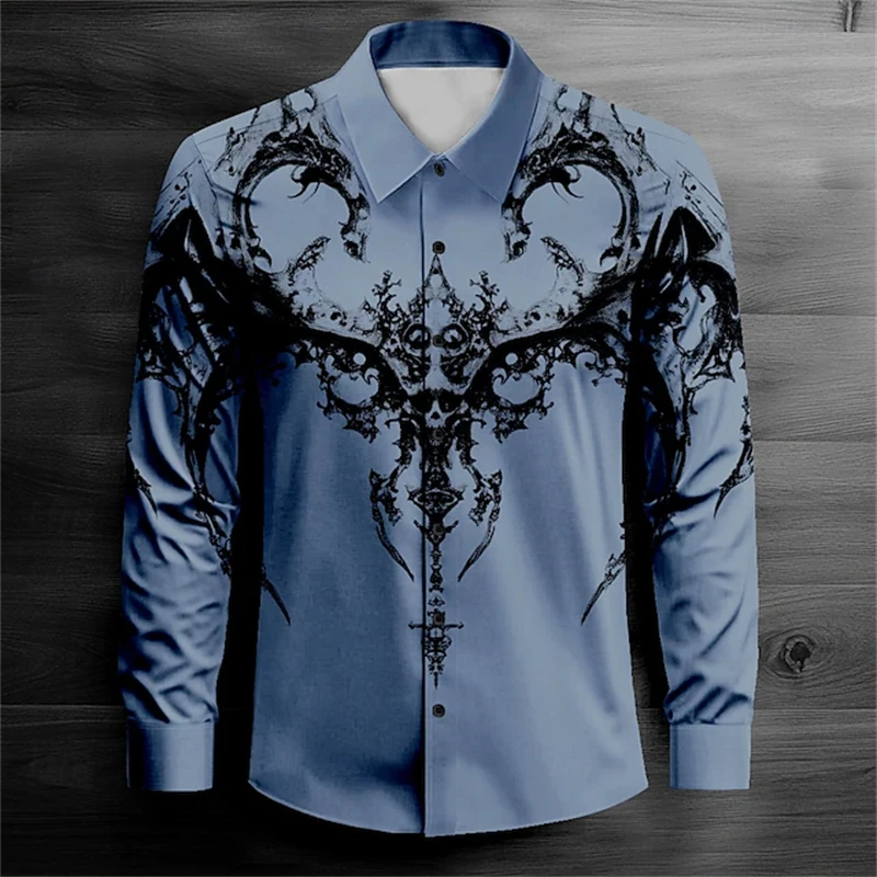 Men's Autumn Long-Sleeve Halloween Shirt Dark Gothic Demon Skull Print Collared Button-Up Ideal for Holiday Street Parties