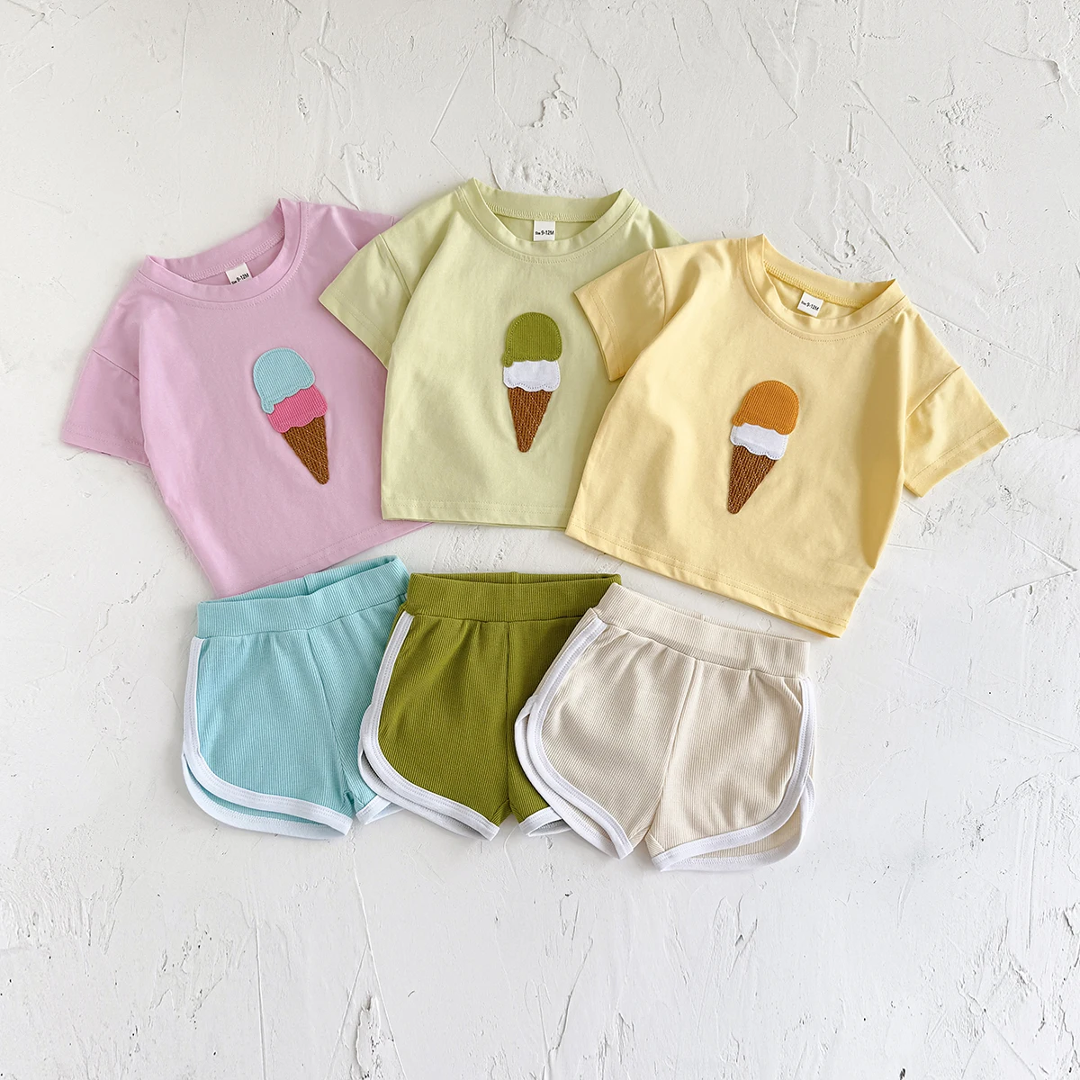 2025 Summer Baby Boys Clothes Set Leisure Newborn Baby Girls Tri Color Ice Cream Patch Shirt +Shorts Clothes Children 2Pcs/Set