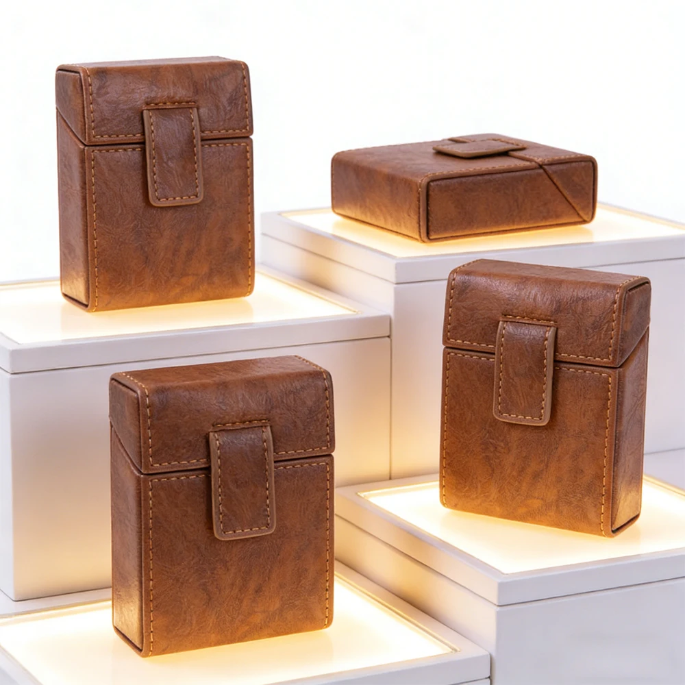 20 Sticks PU Leather Case Holder Pocket Cigarette Box Rugged Leather Cigarette & Lighter Case for Women Men