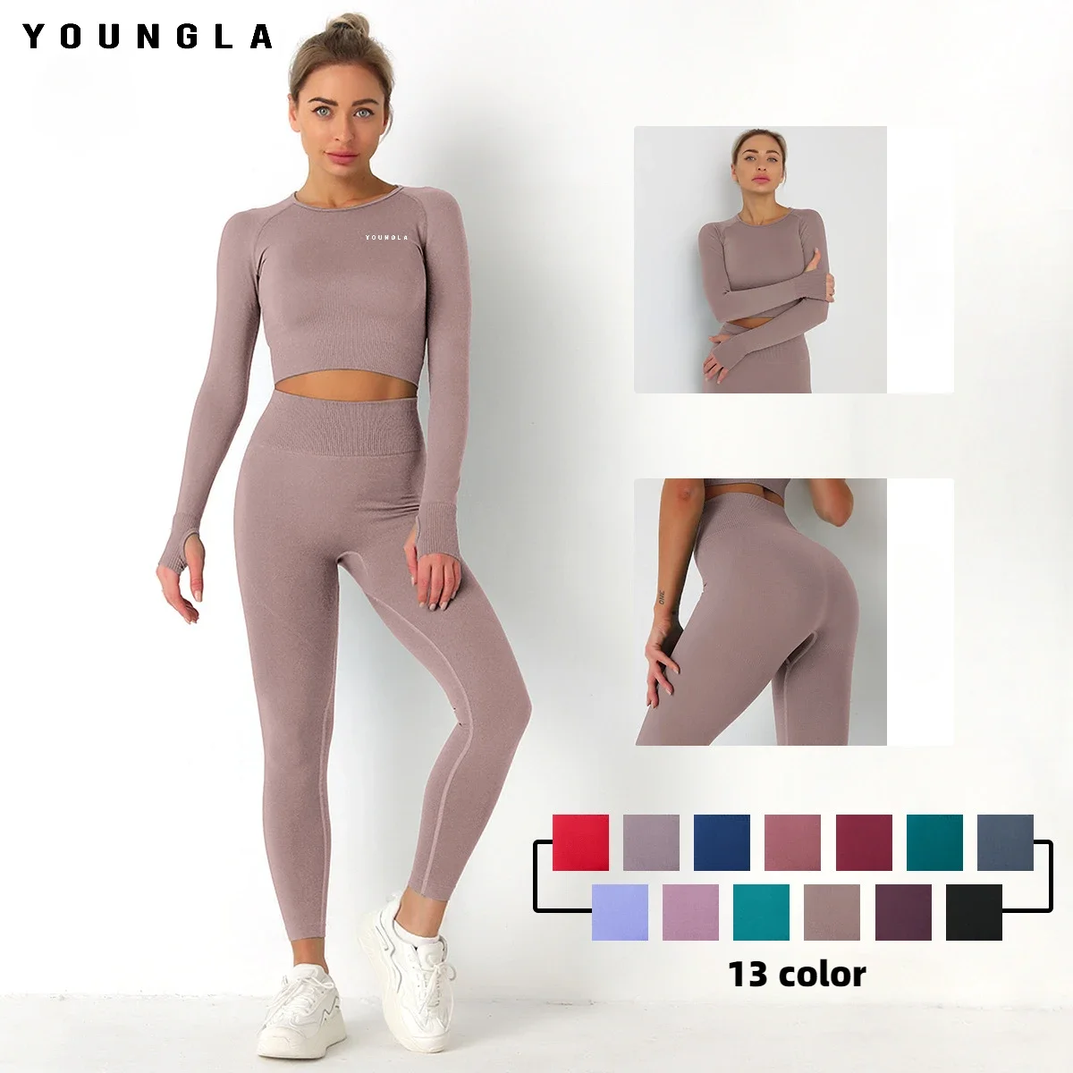 

YoungLA Yoga Gym Set Women Clothing Workout Set Crop Tops Knitted Seamless Long Sleeved Leggings Sports Running Two Piece Set