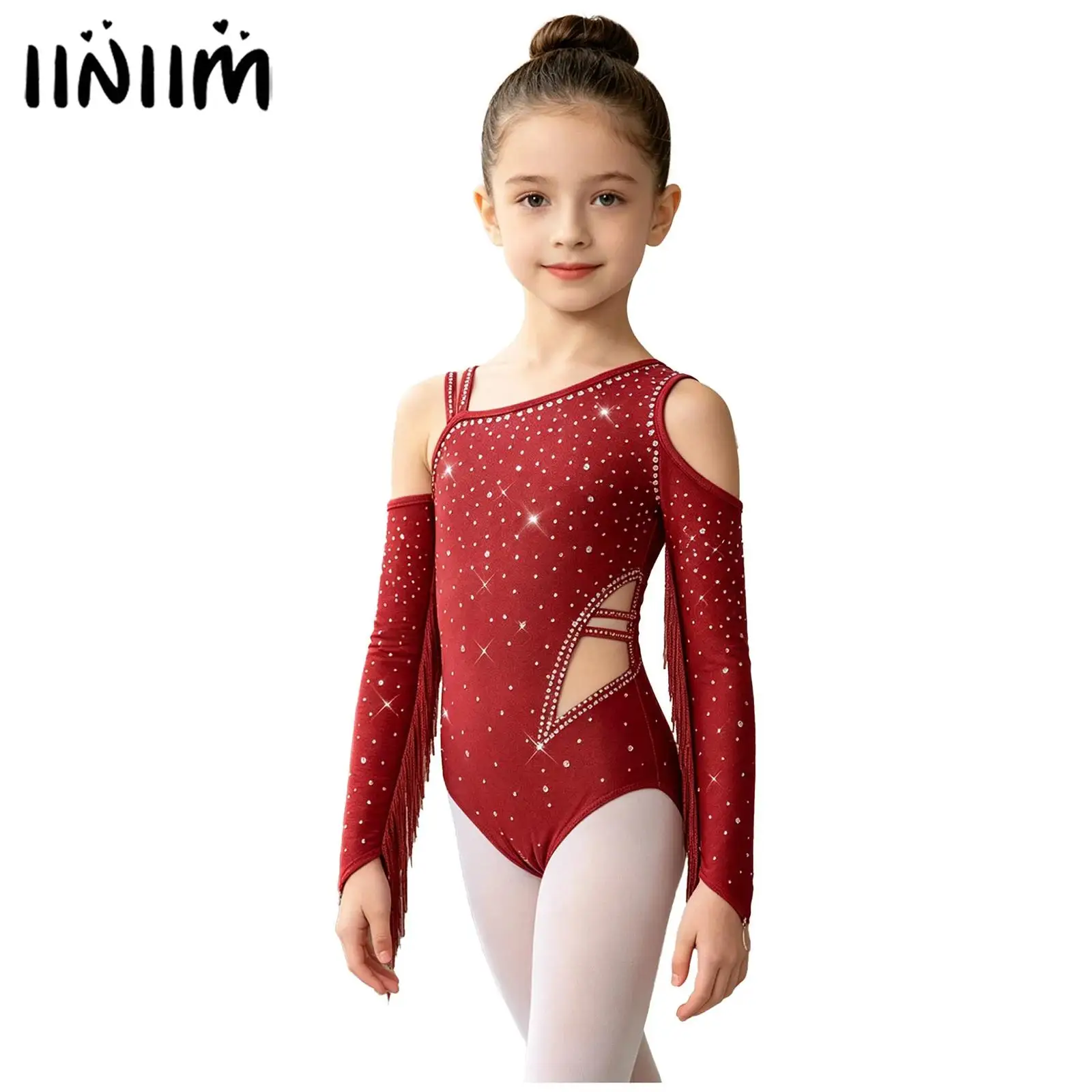 

Kids Girls Sparkly Rhinestone Gymnastics Ballet Latin Dance Leotard Costume Fringe Asymmetrical Adorned Bodysuit Dancewear
