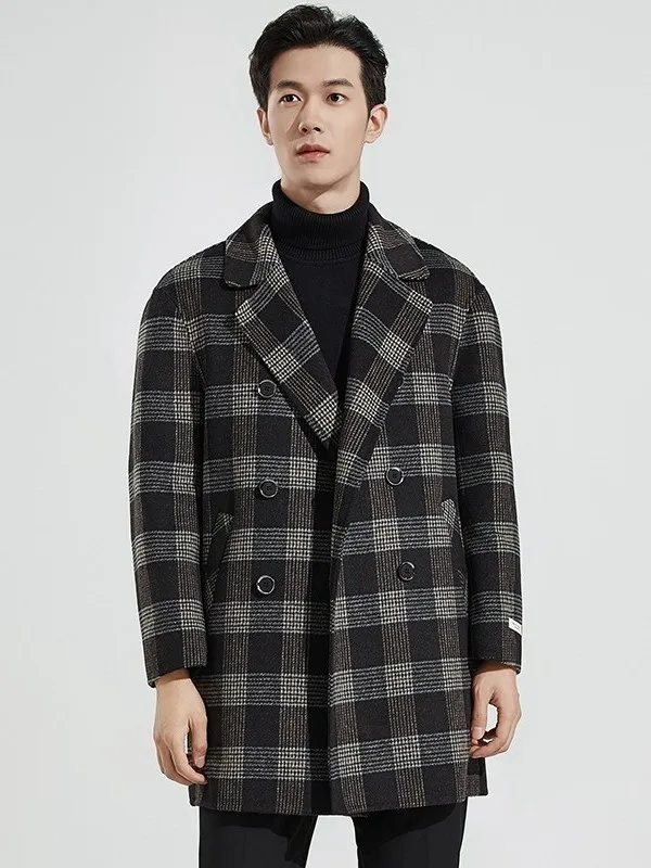 

Мужское шерстяное пальто средней длины из твида, двустороннее, для осени и зимы, деловой повседневный стиль, в клетку