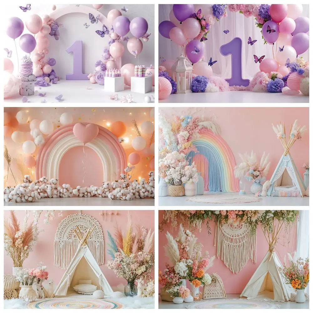 

Newborn Baby 1st Birthday Party Backdrop Balloons Tent Rainbow Baby One Year Old Portrait Photography Background Photo Studio