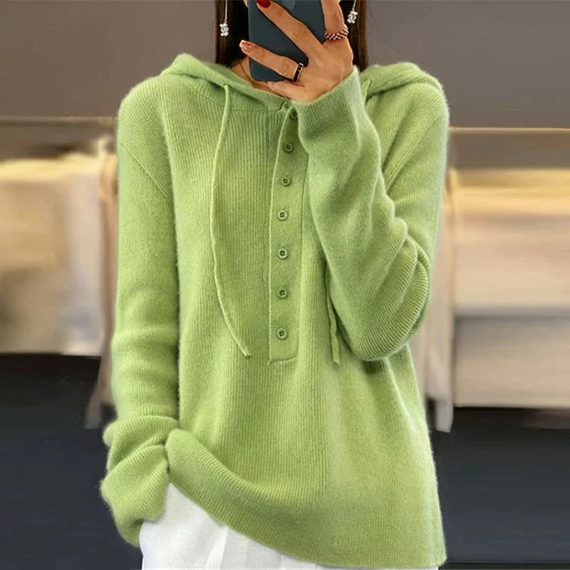 Herfst Winter Vrouwen Trui Met Capuchon Mode Knop Lange Mouw Wol Zachte Jumper Trui Gebreide Truien Voor Vrouwen Sweatshirt