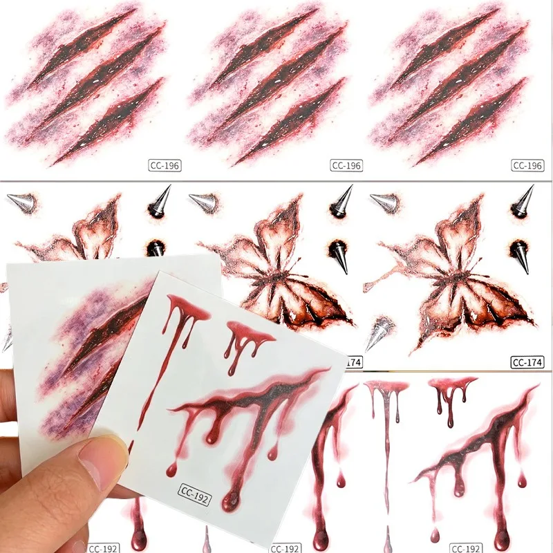 3D Realistic Scar Tattoos Halloween Cosplay Bloody Scars Wound Stitch Scary Horror Makeup Tattoo Stickers Costume Party Favors