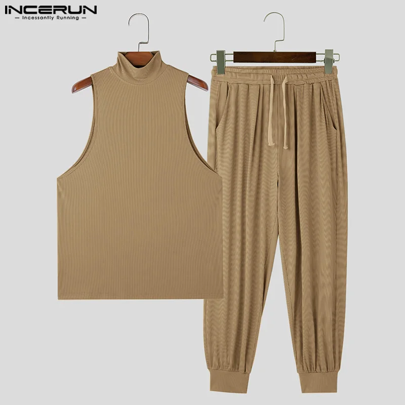 2024 Men Sets Solid Color Streetwear Turtleneck Sleeveless Tank Tops & Drawstring Pants 2PCS Fashion Men\'s Casual Suits INCERUN