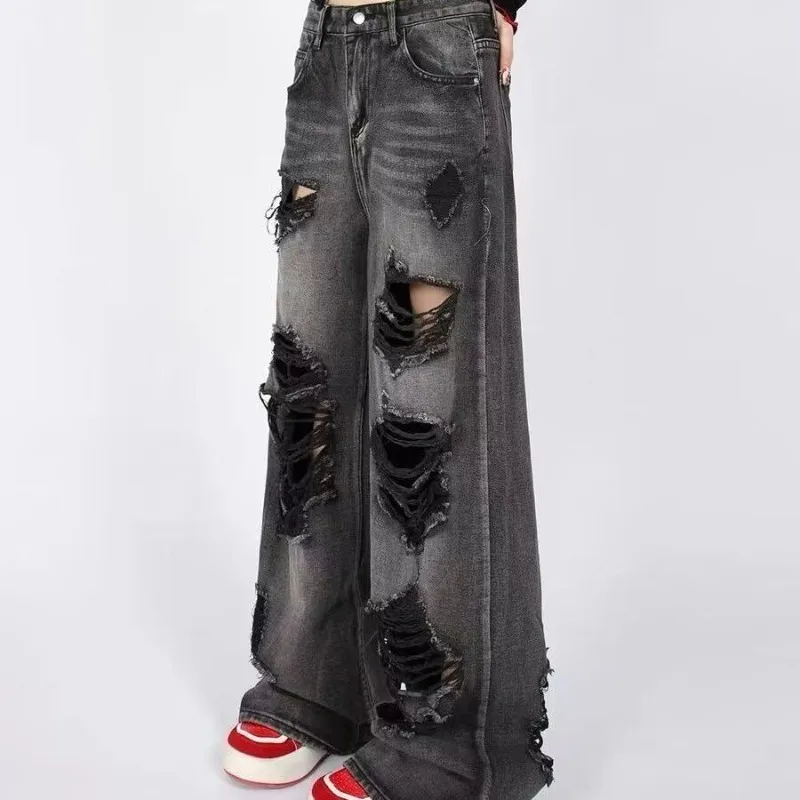

Women's Clothing Individuality Ripped American Style Jeans High Waist High Street Retro Wide Leg Trousers Trendy Brand