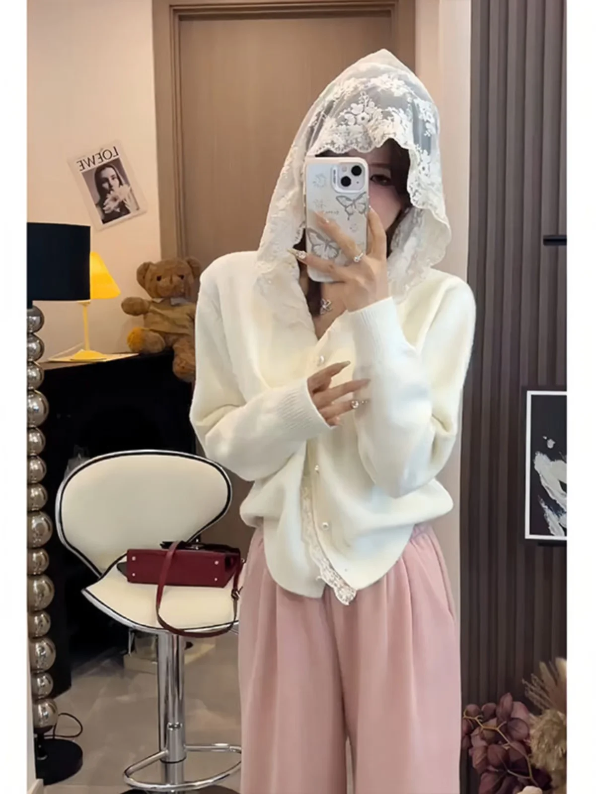 

Korean Sle Long Sve Hoodie Knitted Lace Splicing Sweater Coat Women Autumn Leisure Knit Open Cardigan Top