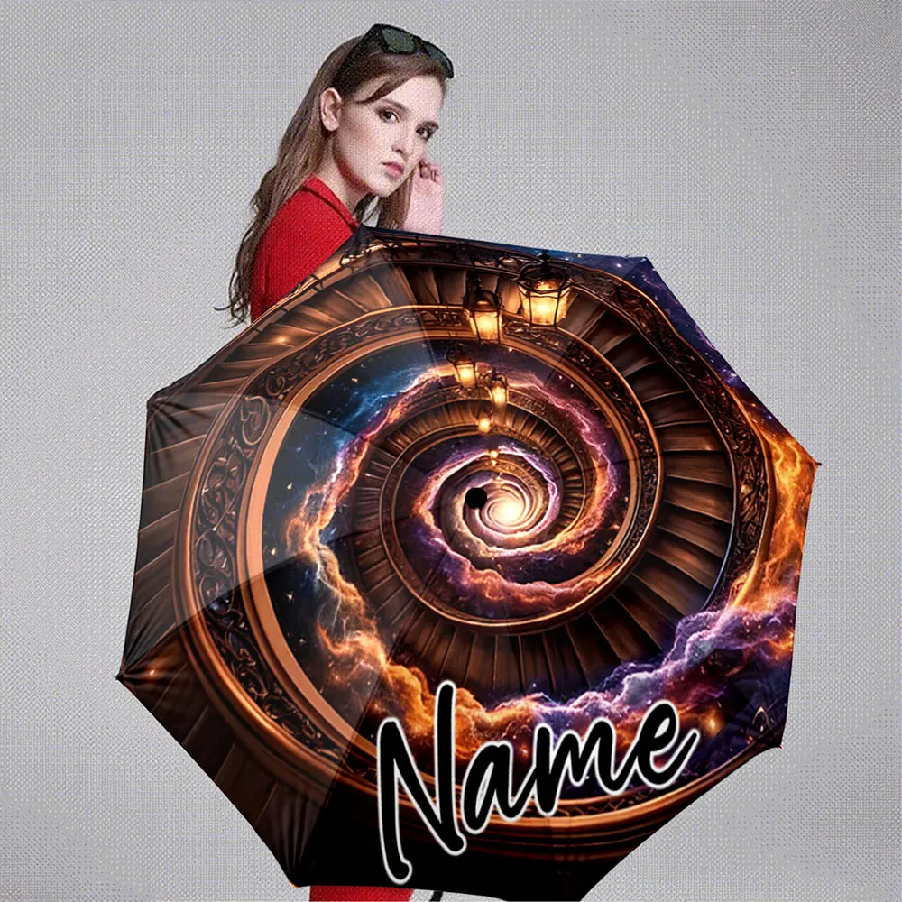 Custom Name Umbrella Retro Spiral Staircase with Nebula Swirl 8 Iron Ribs Folding Umbrella Auto-Open Fashion Sunshade