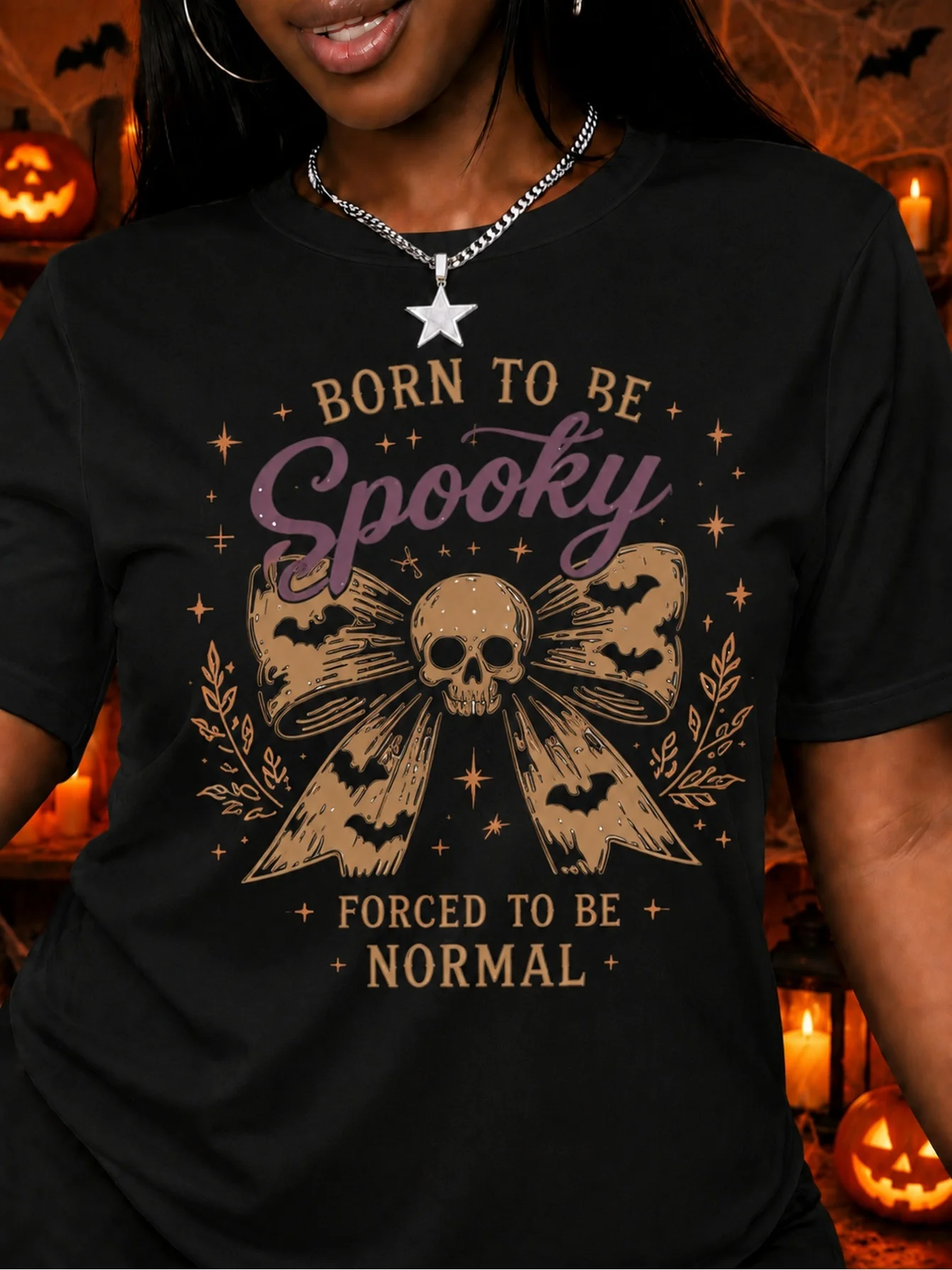 Women's Halloween Born to Be Spooky Skull Bow Graphic T Shirt Funny Vintage Spooky Short Sleeve Crew Neck Fall Party Casual Tee