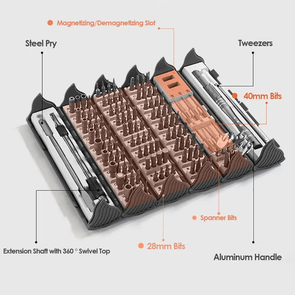 128 in 1 Precision Screwdriver Set Cylinder Organizer Magnetic HRC 56 Hardness Bits Space Saving Roll Box Suitable for Most Size